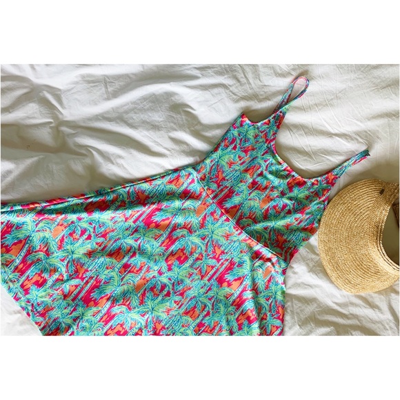 EUC Kaeli Smith Pink Orange And Blue Palm Tree Dress, Size Small - Picture 1 of 6